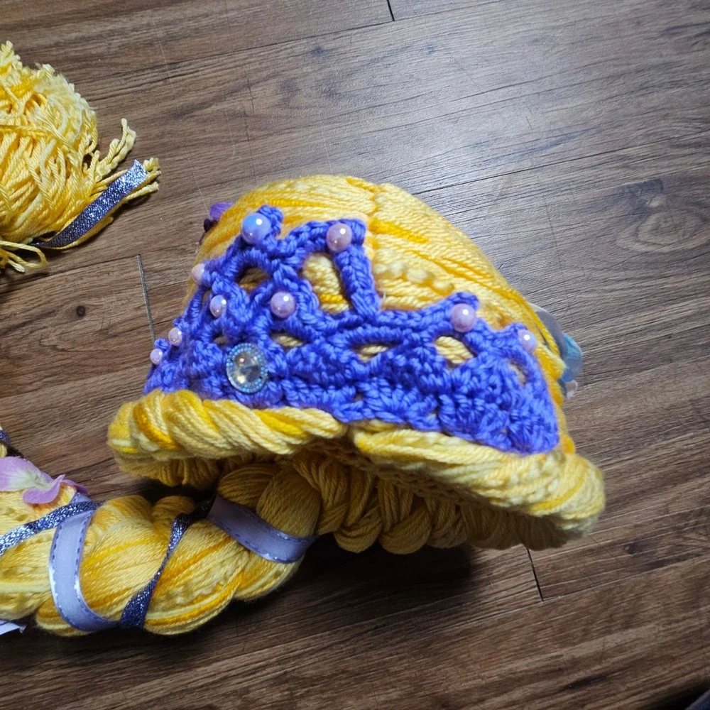 Rapunzel Braided Yarn Wig Handmade Kids Disney Princess Costume Flowers‎ Yellow